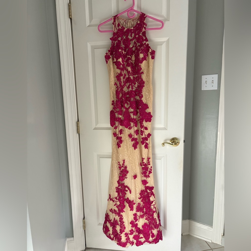 Terani Couture Nude and Fuchsia Embroidered Evening Gown